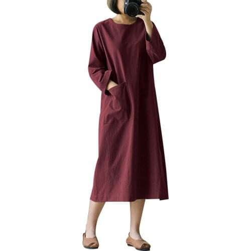 2020 Vintage Womens Loose Dress Autumn Japan Style Cotton Linen Pocket Mid Calf Homewear Dresses Vestidos WDC5877