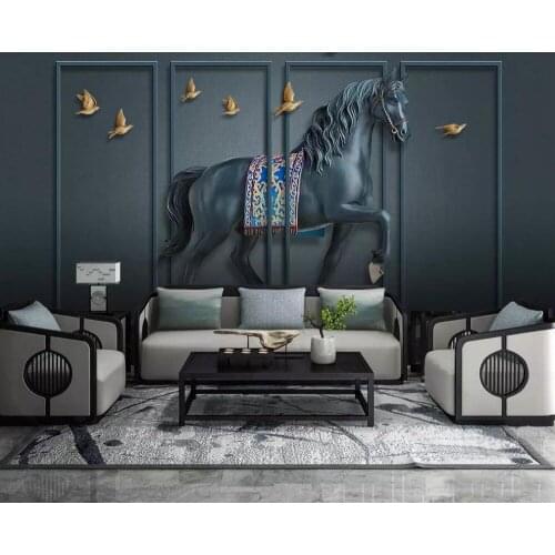 04 Custom Wallpaper 3D Relief Gallent Horse with Golden Birds Art Wall Mural Living Room Bedroom Wallpaper