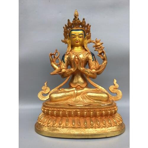 20"Tibet Buddhism Old Bronze Gilt Tracing Cinnabar Four-arm Guanyin Bodhisattva Statue Sitting Buddha Enshrine the Buddha