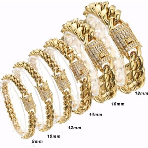 8/10/12/14/16/18MM Fashion 316L Stainless Steel Gold Tone Miami Curb Cuban Link Chain Mens Womens Bracelet Bangle 7-11" Optional