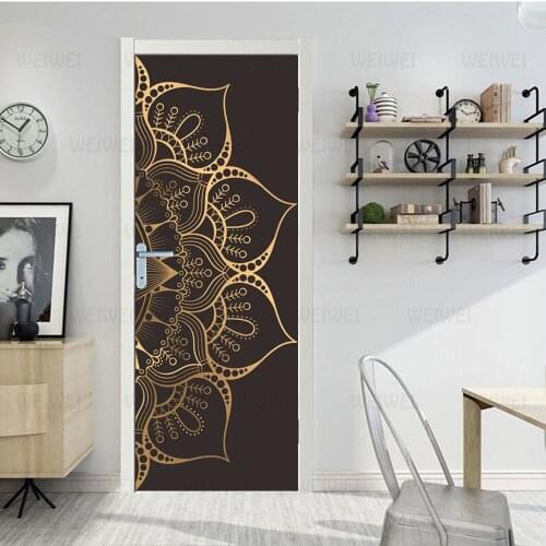 Black Gold Buddhist Mandala Pattern Door Stickers Self-adhesive Low-key Luxury Creative Door Stickers Renovation Home Decoration