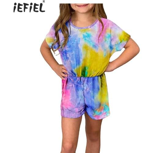 Kids Baby Girls Clothes Tie-Dye Short Sleeve Romper Jumpsuit Girls Overalls Short Pants Summer One Piece Outfits For Children