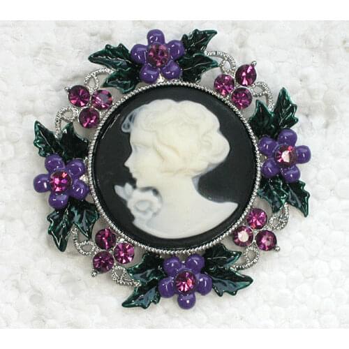Purple Rhinestone Flower brooch Pendant Portrait Cameo Pin brooches Wedding party prom jewelry C853 D