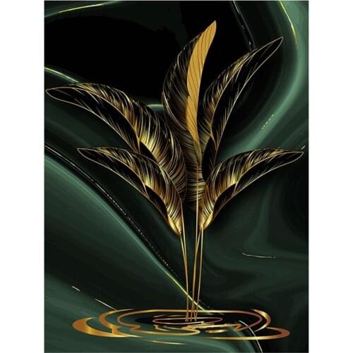 Black Gold Leaves Printed Water-Soluble Canvas 11CT Cross Stitch DIY Embroidery Kit DMC Threads Knitting Handiwork Needle