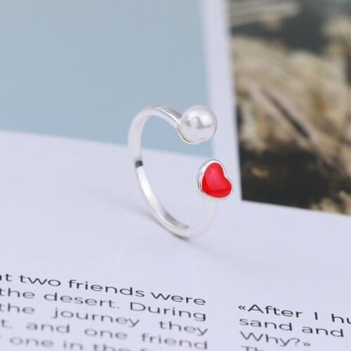 Beautiful Exquisite New Fashion Temperament 925 Sterling Silver Jewelry Red Heart Shaped Love Pearl Opening Rings SR123