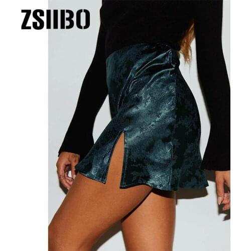 Summer 2020 women Split skirt sexy jacquard satin high waist zip skirt women party black skirt ladies sexy short beach skirts