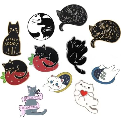 Cute cartoon cats series metal pin black and white stars strawberry well-being love letter ribbon cat lively funny animal brooch