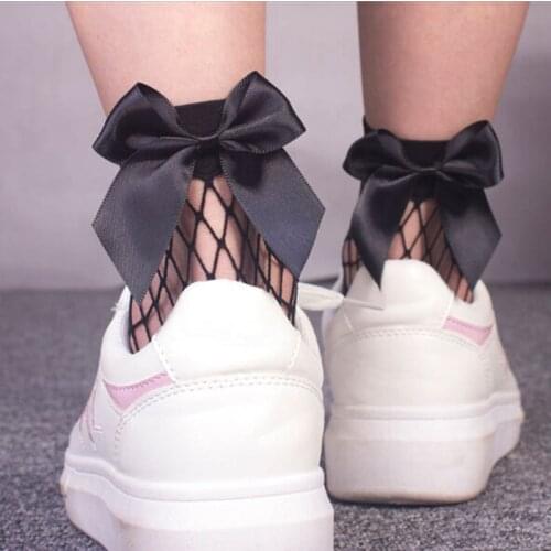Fashion 2020 New Women Sexy Black Mesh Short Ankle Socks Christmas Girls Fishnet Socks With Cute Bow Ladies Socks Bow Sox