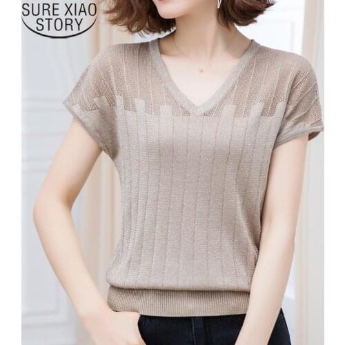Fashion V-neck Short Sleeve Thin Ice Silk Shirt Women Tops 2021 Summer Women Shirts Casual Knit T Shirt Female Tees Blusas 13780