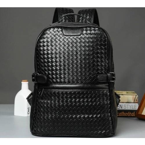 Fashion PU Leather Woven Backpack for Men Luxury Business Laptop Bag Mens Backpack Zipper Travel High Capacity Backbag Male Bags