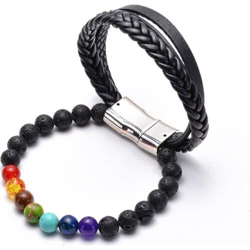 2019 New Fashion Volcano Lava Balance Bead Reiki Natural Stone Charm lovers Bracelet Leather Braided Seven Chakras Bracelet