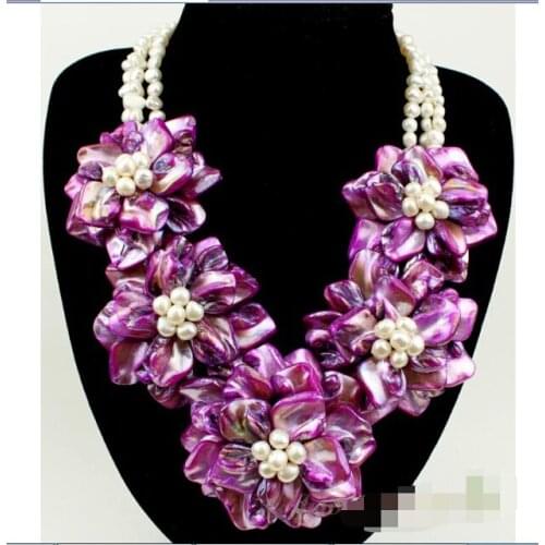 Charming purple shell white FW pearl flower necklace
