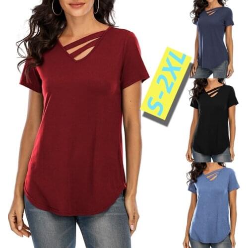 Solid Color T-shirt Summer Womens Short-sleeved V-neck Casual Tops Fashion Ladies Cotton T-shirts Thin Strip Decorated Loose Top