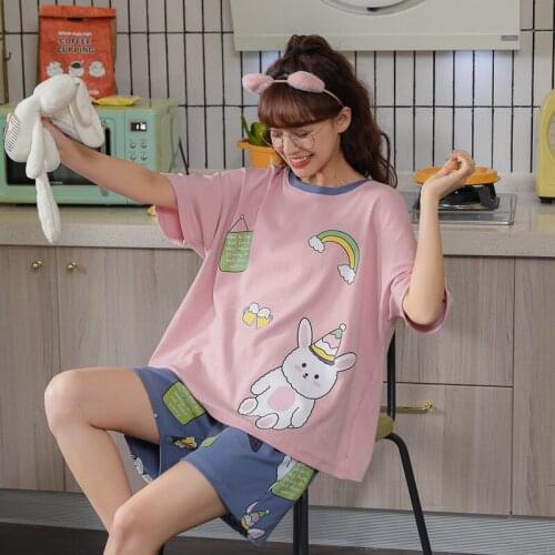Korean Sweet Princess Summer Pajamas For Women Cotton Home Wear Kawaii Cartoon Birthday Bunny Pink Women Short Sleeves Sleewpear