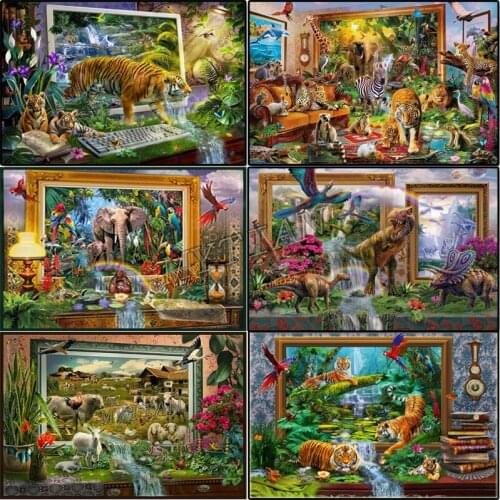 Full square /round 5D DIY diamond painting Fantasy animal tiger elephant giraffe in frame diamond Embroidery home decor gift