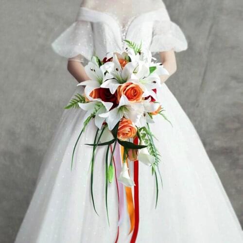 Popodion Wedding Bouquet Bride Wedding Flowers Artificial Bouquet Waterfall Bridal Flowers Wedding Photo Props ROM80260