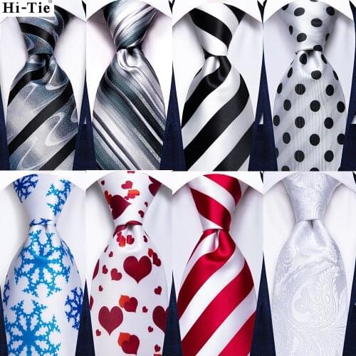 Hi-Tie White Black Red Striped Tie For Men Men Tie Gravata Silk Wedding Hanky Cufflink Fashion Designer Business Dropshipping
