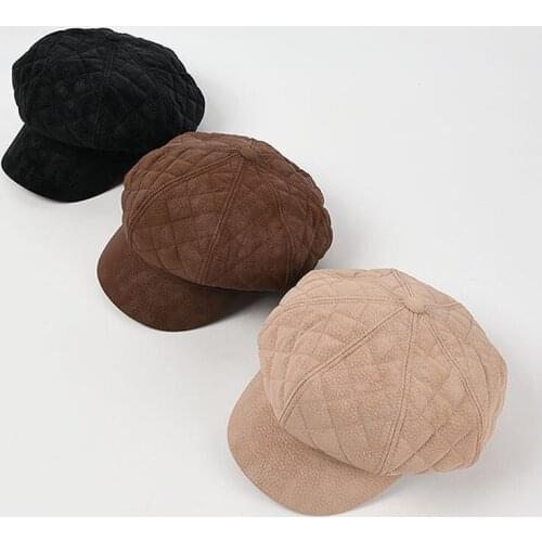 Retro Hot Selling Hats For Women Autumn Winter Lattice Octagonal Hat Unisex Men Peaked Cap Wide Brim Windproof Adult Cap Female