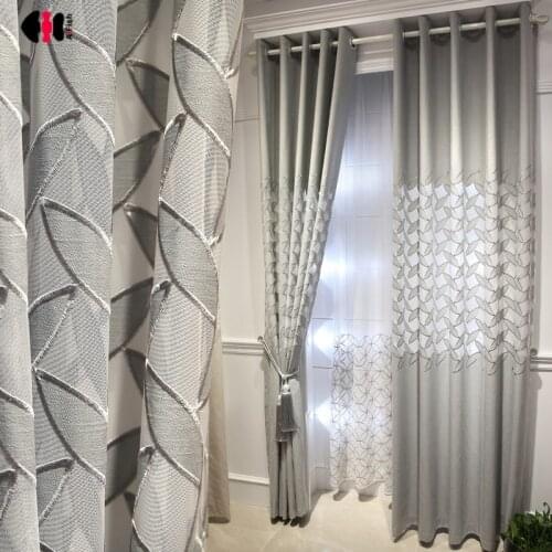 Luxury Grey Embroidered Leave Curtains for Living Room Semi-Blackout Hollow Out Chenille French Window Treatment Drapes js326D