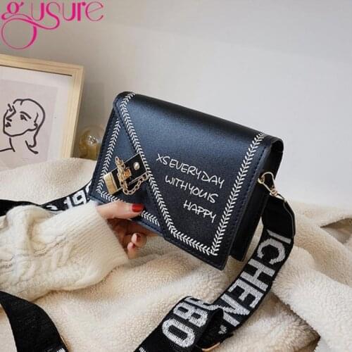 Gusure Contrast Color Chic Women Messenger Bags Fashion Letter Print Personality Lock Handbags Wide Shoulder Strap Flap Bags