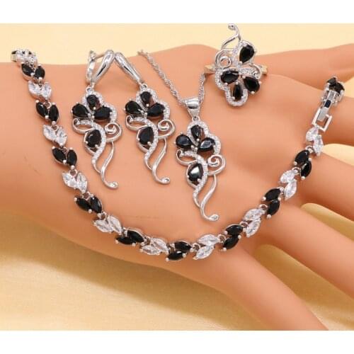 XUTAAYI Silver Wedding Jewelry Sets For Women Plant Shape Black Zircon Bracelet Earrings Necklace Pendant Ring Gift Box