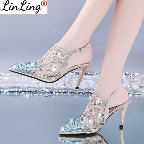 Spring Sexy Pumps Fashion Rhinestones Diamond Beaded Super High Thin Heeled Pointed Toe Slingbacks Women Shoes Gold High Heels