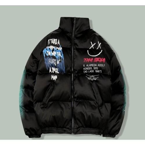 Hip Hop Happy Graffiti Print Bubble Parkas Men Harajuku Windbreaker Streetwear Jacket Winter Oversized Jacket Coats Warm Outwear