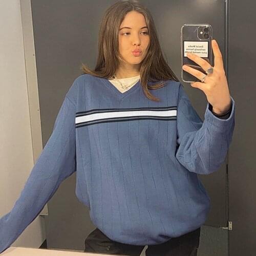 Vintage Sweater High Street Fashion Strip Knitted Sweaters Y2k Women Pullovers 2021 New V-neck Long Sleeve Sweaters Jumper