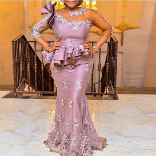 Vintage Appliqued Beading Ruffles Mermaid Evening Dress Elegant O-neck Three Sleeve Custome Party Gown robe de soiree