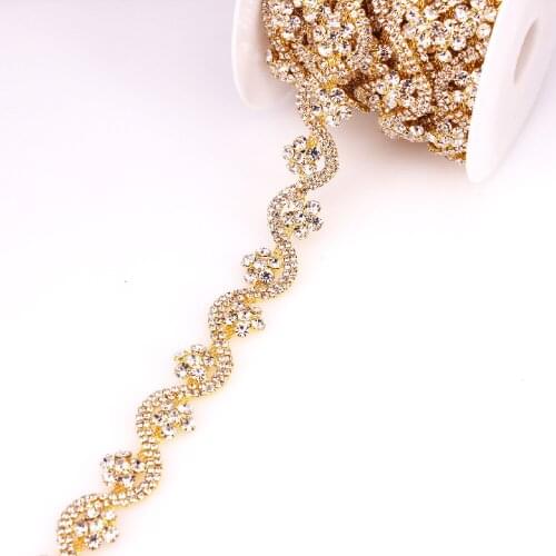 1 Yard Gold Crystal Metal Chain Welding Webbing Accessories Rhinestone Trimming Belt Cross Around Tape Rhinestones Trim