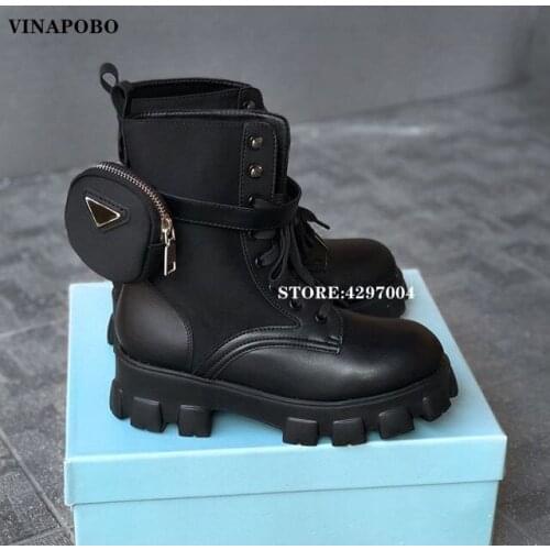 2020 New Motorcycle Women Boots Lace Up Thick-soled Winter Boots Pocket Decor Black Shiny Leather Woman Botas De Mujer Leather