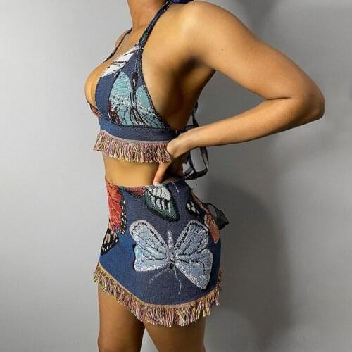 2021 CHRONSTYLE Summer Streetwear Fashion Women Outfits 2021 Halter Tank Crop Tops Butterfly Print Skirts Casual Tassels 2 Piece