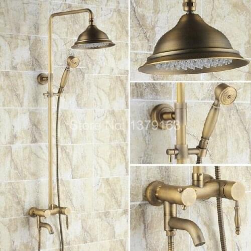 Antique Brass Single Handle Bathroom Rain Shower Faucet Set Tub Mixer Tap + 8.2" Round Rainfall Shower Head + Handshower ars150