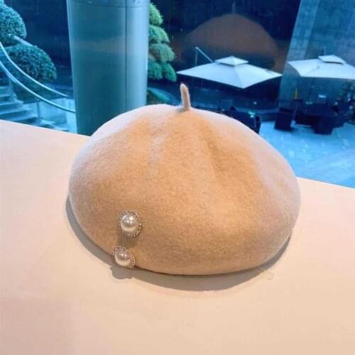New Fashion Autumn Woolen Pearls Girls Beret Antique Elegant British Style Bonnet Female Winter Painter Hats