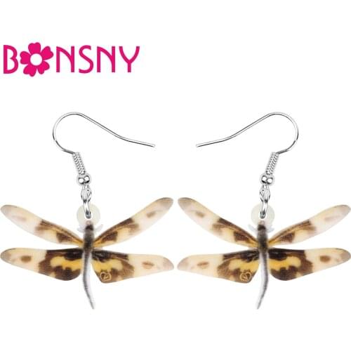 Bonsny Acrylic Brown Dragonfly Earrings Printing Long Insect Animal Dangle Drop Jewellery For Women Kids Funny Summer Jewelry