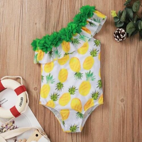 Kids Summer Swimsuit Children Flower Sunflower Watermelon Pineapple Printing Oblique Shoulder Ruffled Collar Swimming Suits 1-5T