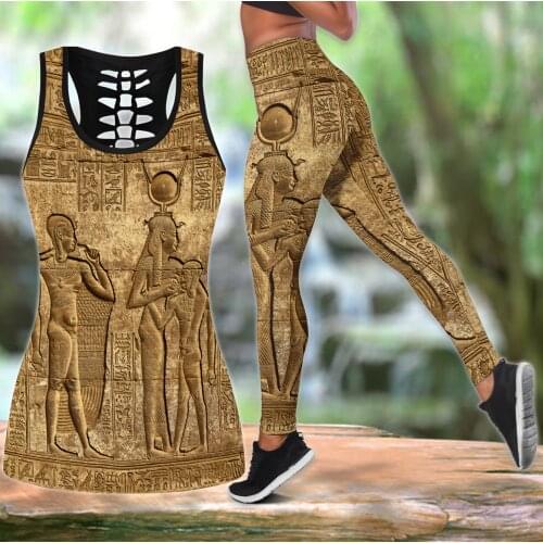 Ancient Egyptian Mythology 3D Printed Hollow Tank Top & Leggings Set Fitness Female Full Length Leggings Yoga Pants LKB-18