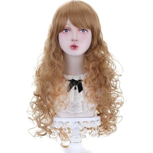 Free Beauty Long Wavy Synthetic Golden Brown Blonde Wigs with Blunt Bangs for Women Cosplay Party Daily Make Up