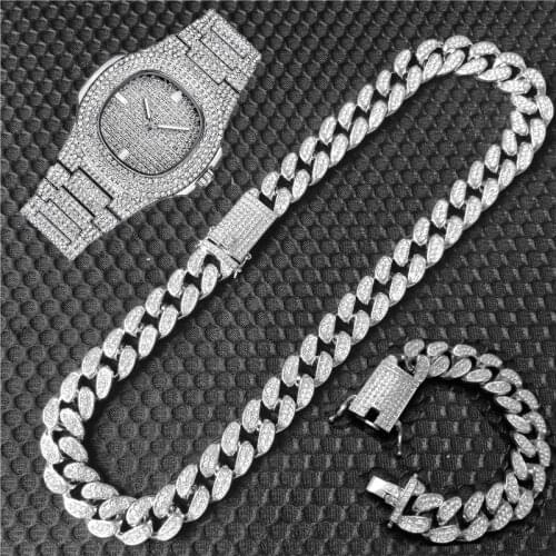 3pcs Kit Hip Hop 20MM Heavy Iced Out Paved Rhinestone CZ Miami Curb Cuban Rapper Necklace+Watch+Bracelet For Men Jewelry