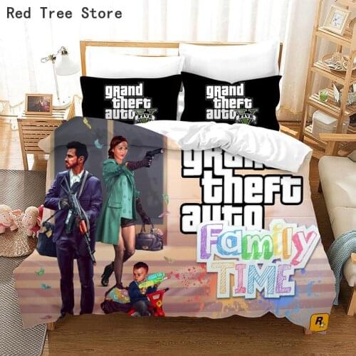 Game GTA V Bedding Set Cartoon Duvet Covers Pillowcase Grand Theft Auto Comforter Kids Boys 3D Bed Linens Bedclothes(No Sheet)