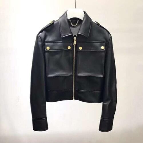 Genuine Jacket Leather Women Spring Coat 2021 New Oversized Pockets Turn-Down Collar Female Outerwear Short Style Jackets
