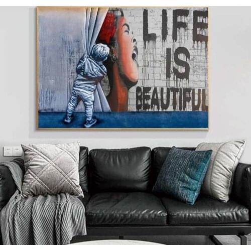 Life Is Beautiful Boy Curtain Unveil Street Art Oil Painting Original Graffiti Banksy Style Wall Modern Abstract Canvas Decor