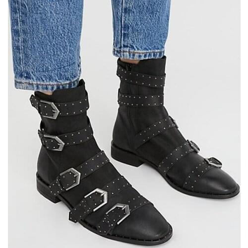 Fashion Silver Stud Buckles Women Knight Style Ankle Boots Sexy Pointy Toe 2018 Hot Martin Boots Low Heels Ladies Dress Boots
