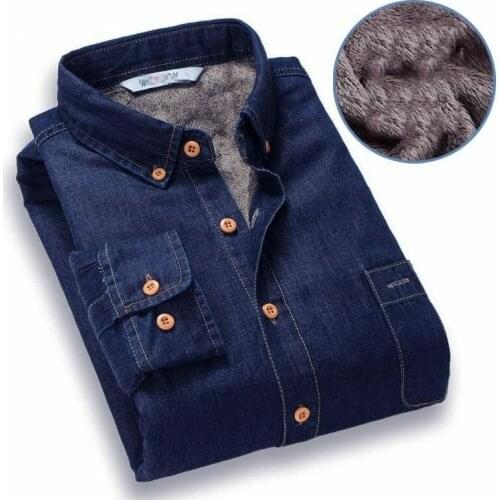 Mens Winter Jeans Shirt Warm Fleece Lined Velvet Denim Shirts Bottoming Shirt DD