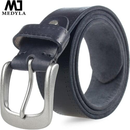 MEDYLA Italian Cow Leather Belt Vintage Cowboys Full Grain Genuine Leather Soft Coffee Luxury Designer Belts High Quality Strap