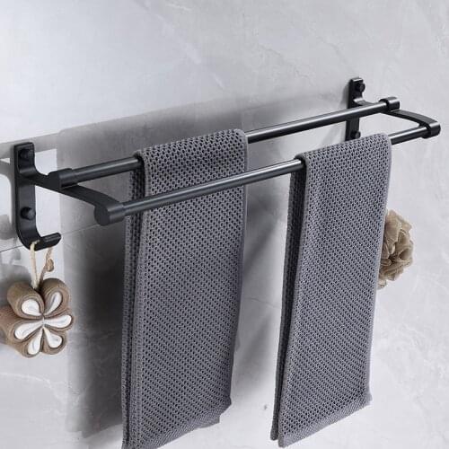 Wall-mounted Bathroom Towel Rack 58cm Adhesive Metal Black Towel Rack with Hook Space Aluminum Towel Rack