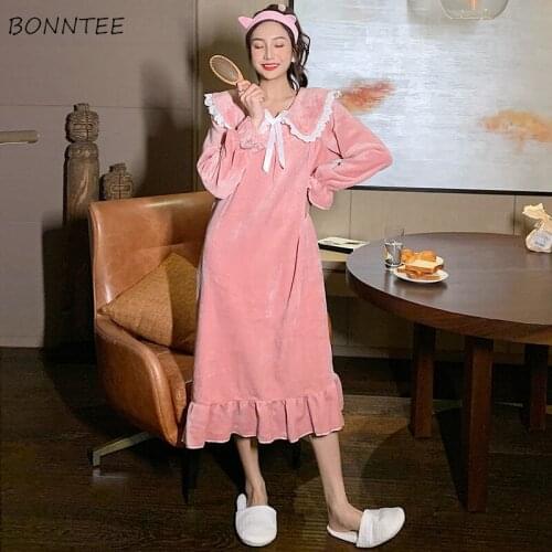Nightgowns Womens Long Sleeve Patchwork Sexy Soft Lovely Student Warm Female Sleepwear Winter Korean Style Home Fashion Leisure