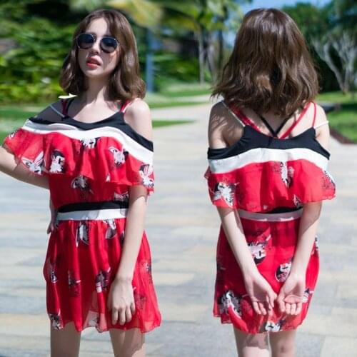 2021 New Ladies' Split-meat-covering Swimwear, Slim, Gathering, Three-piece Swimsuit, Swimwear, with Steel Support Skirt