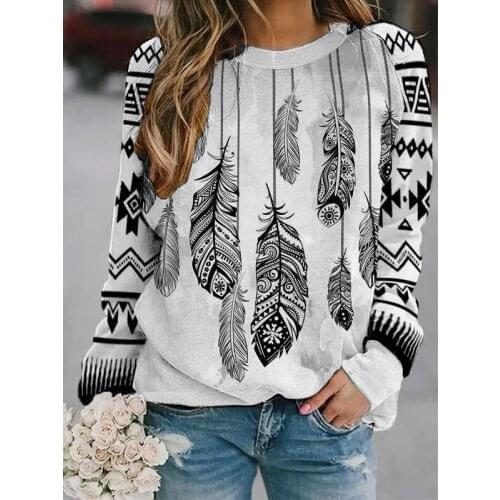2021 Autumn Collection Women Clothing Tops Indie Folk Style Plumes Print O-Neck Sweatershirt