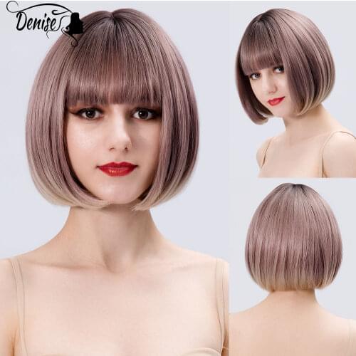 Short Straight Synthetic Wigs With Bangs For Women Natural Ombre Brown Pink Heat Resistant Wigs Cosplay Party Daily Bob Hair